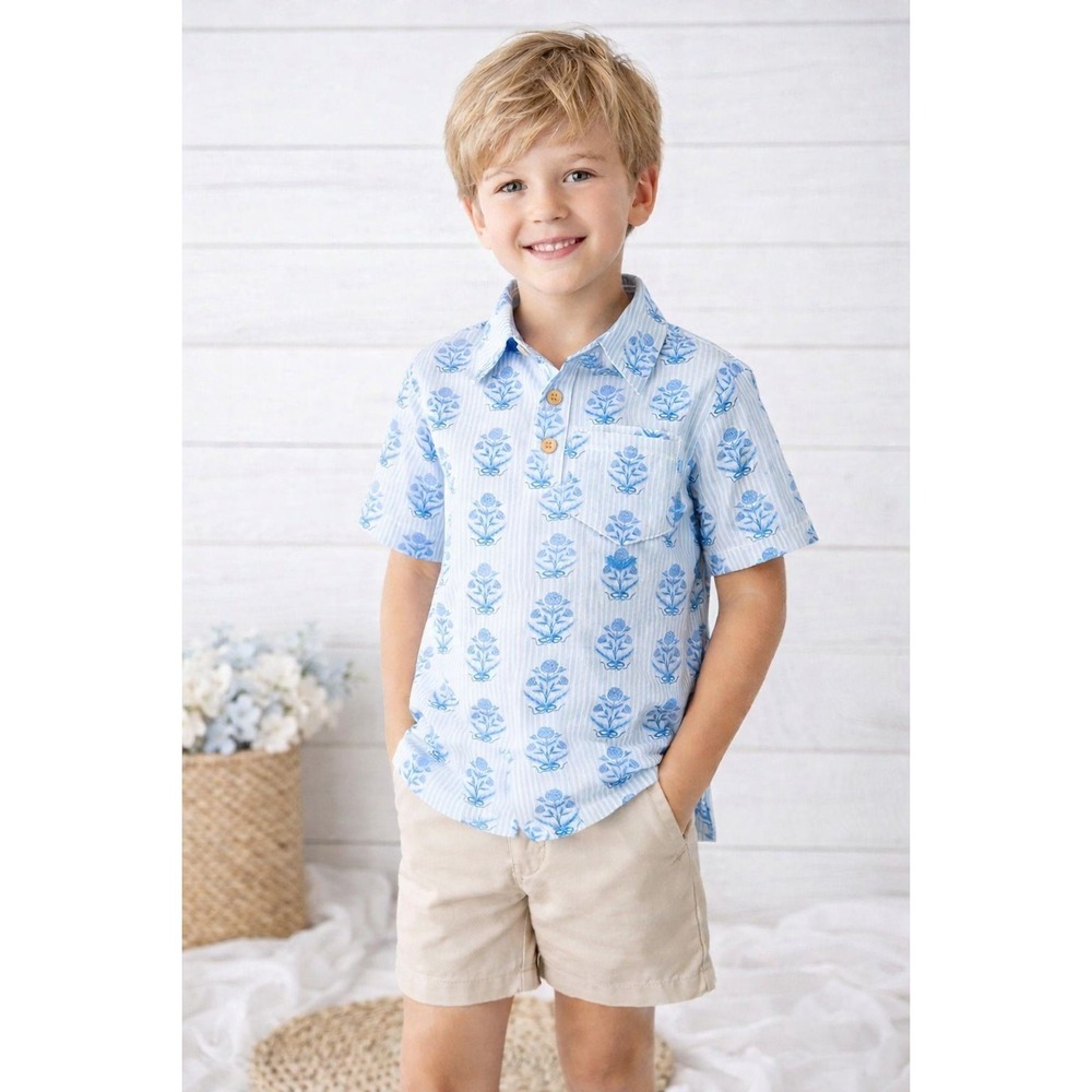 SWEET HONEY Boys‎ Polo Shirt Blue Floral Stripe Cotton Blend Stretch Size 10Y